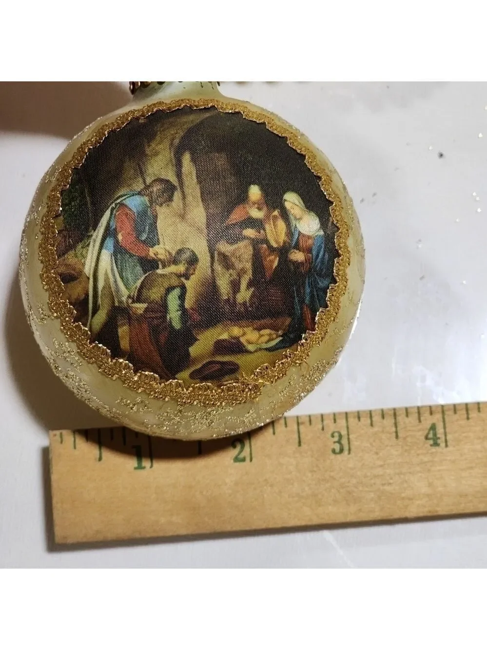 Vtg West Germany Silk Glass hand decorated Nativity ball Christmas ornament